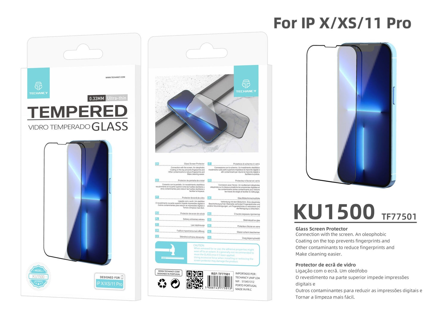 Protetor de ecrã premium para smartphone Techancy, KU1500, vidro temperado de 0,33, compatível com iPhone X/Xs/11 Pro