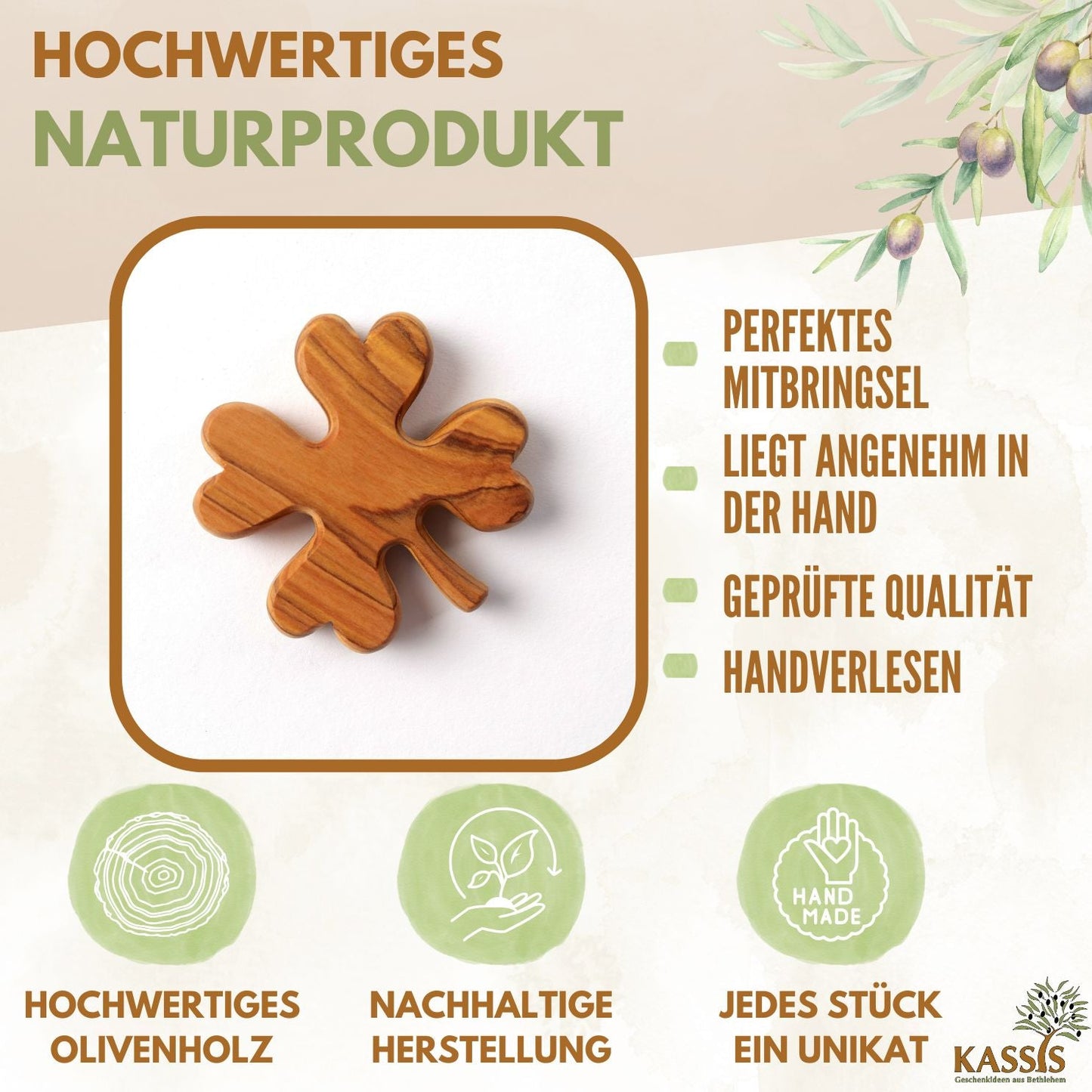 Glücksklee-Handschmeichler aus Olivenholz | Glücksbringer als Geschenk für Geburtstag, Prüfung & Neuanfang