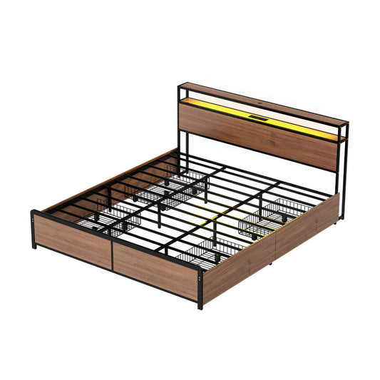 Artiss Metal Bed Frame King Size with 2-Tier Storage Headboard Metal Platform with 4 Storage Drawers Built-in Charging Station & LED Noise-Free/Metal Support/No Box Spring Needed Vintage Brown