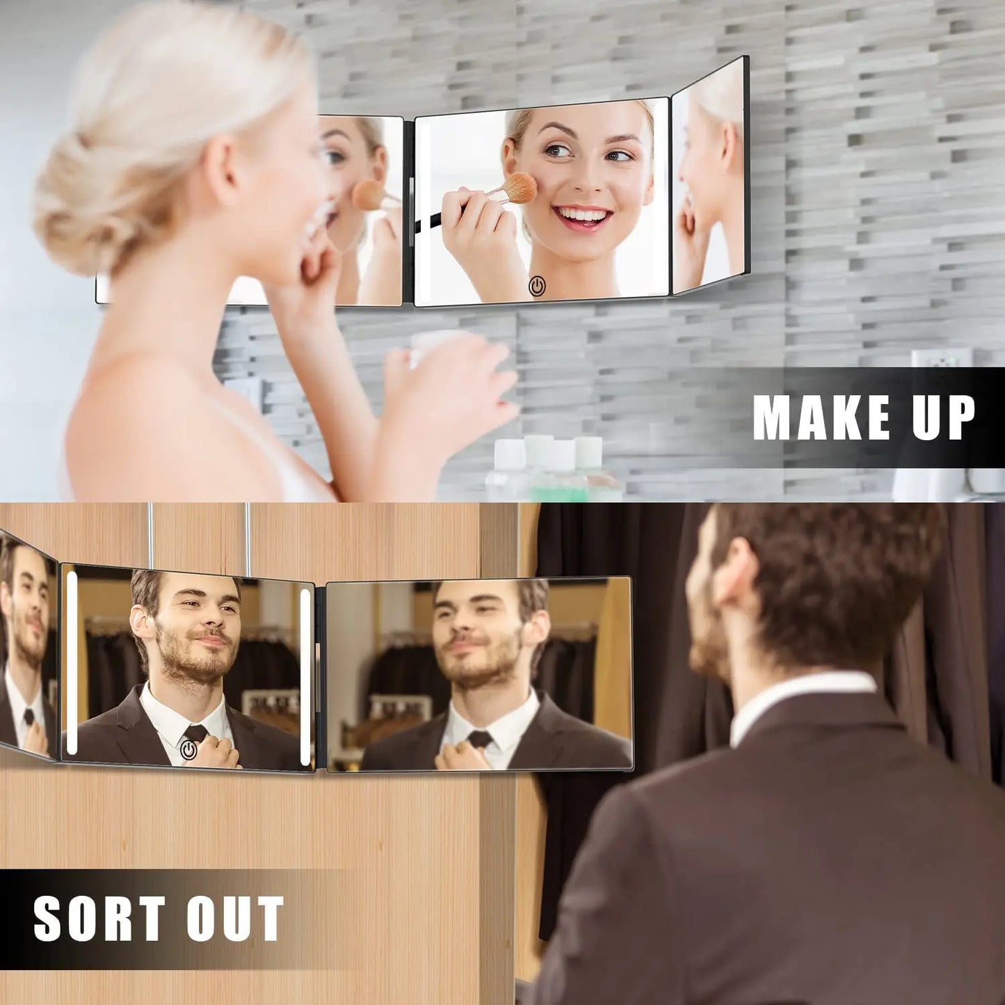 3-Way LED Tri-Fold Hair Cutting Mirror with Adjustable Brightness