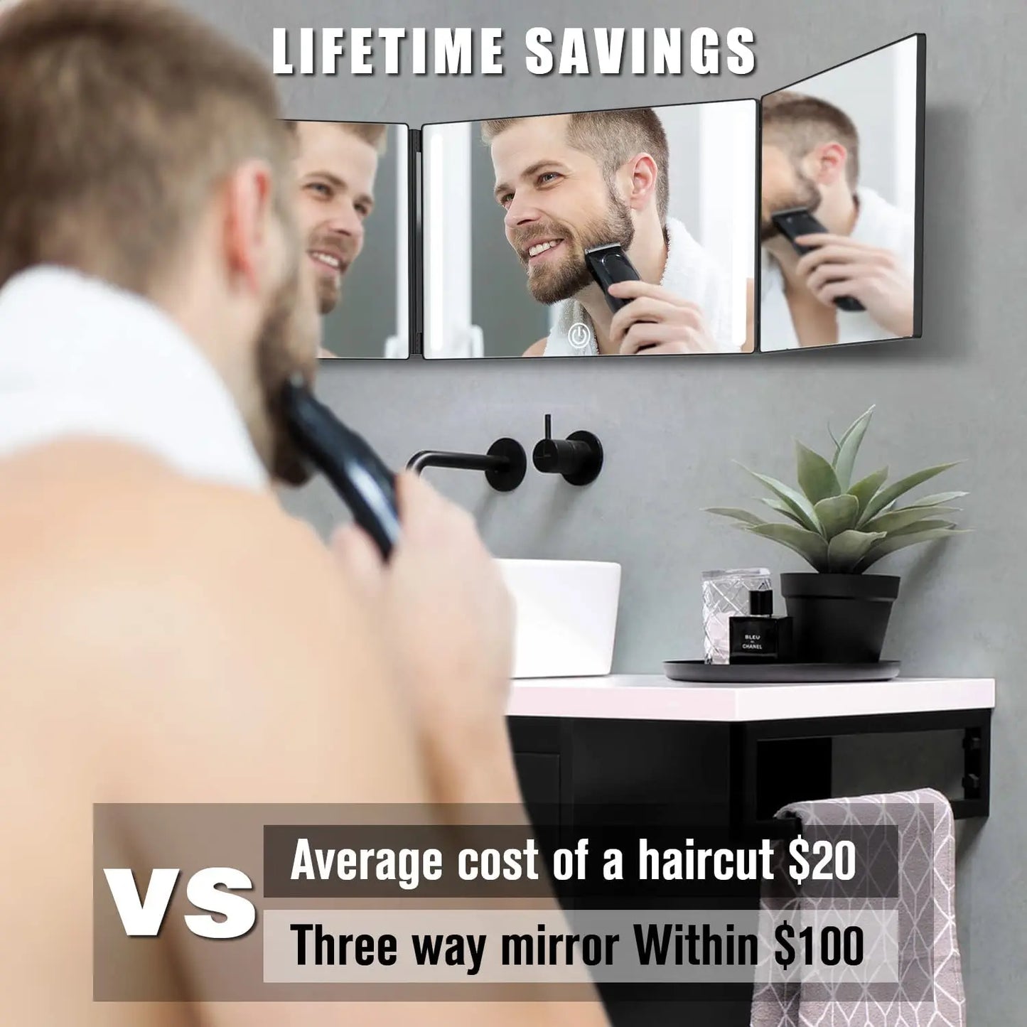 3-Way LED Tri-Fold Hair Cutting Mirror with Adjustable Brightness
