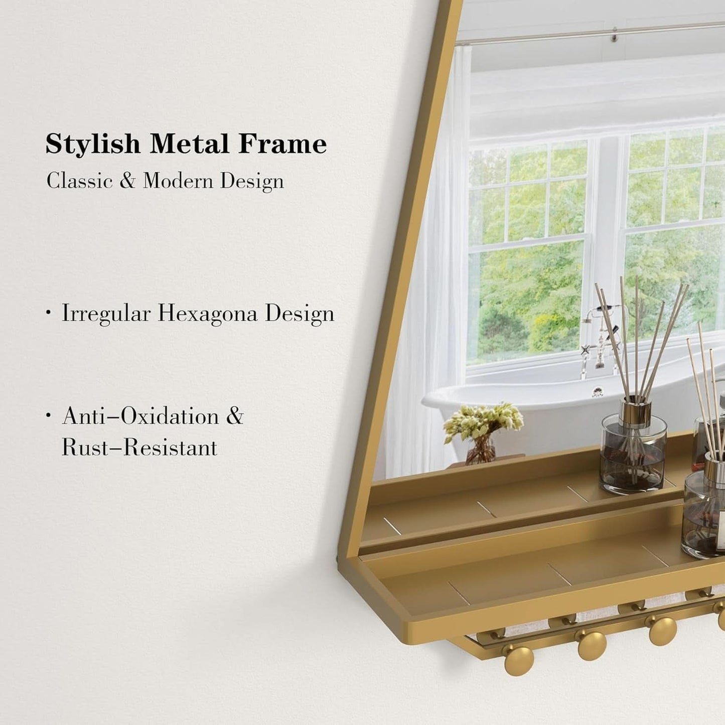 Goldtone Hexagonal Wall Mirror 26x20Inches With Shelf