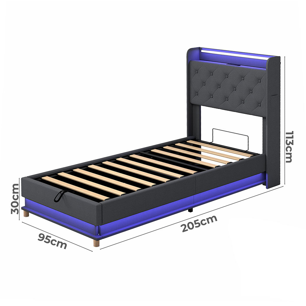 Levede Single Bed Frame Gas Lift Storage LED Light USB