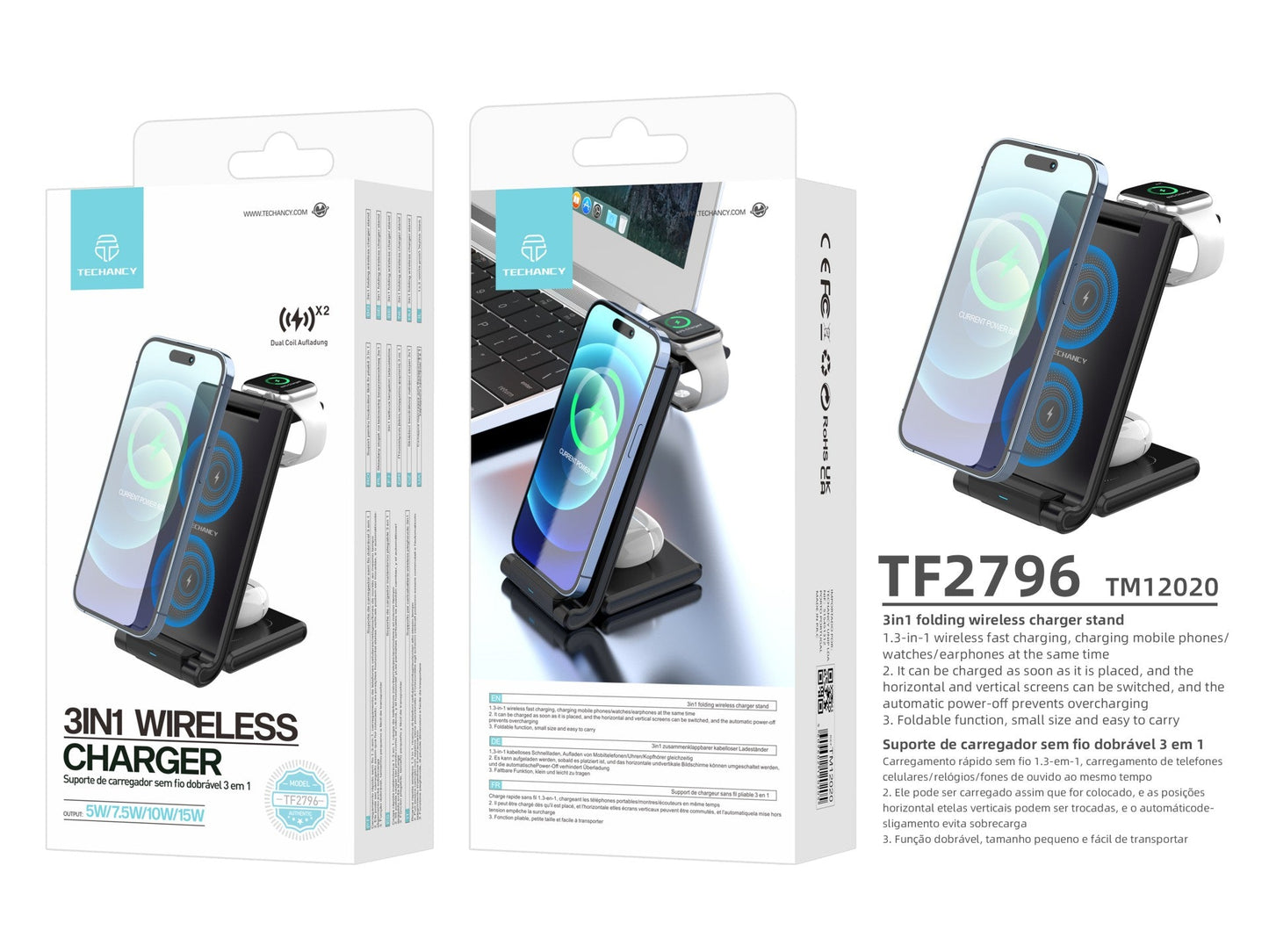 Techancy Carregador Sem Fios 3 Em 1 De 15W TF2796, Compatível Com Telemóveis Com Ecrã Dobrável, Auscultadores E Relógios