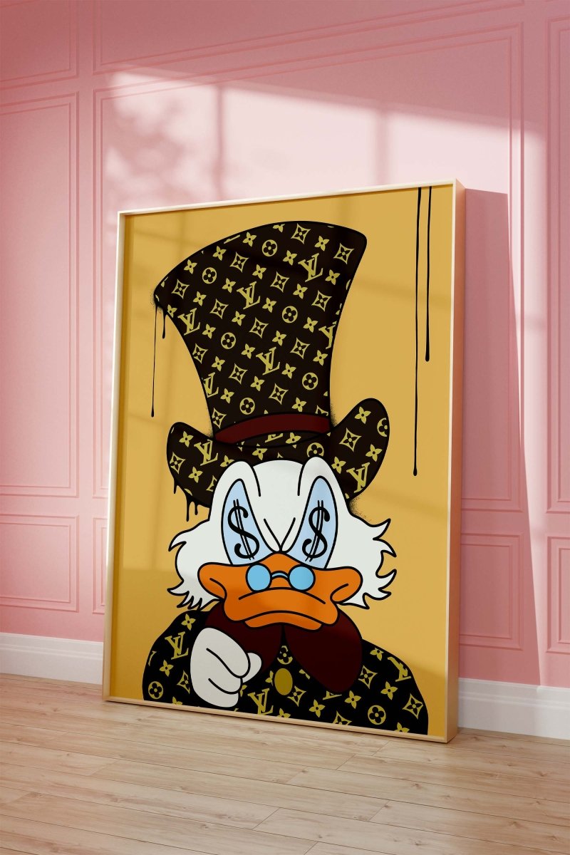 Luxus Enten-Cartoon-Poster · Geldaugen-Design · Pop Art Illustration · Street Art Stil · Moderne Wandkunst · Kunstdruck ungerahmt