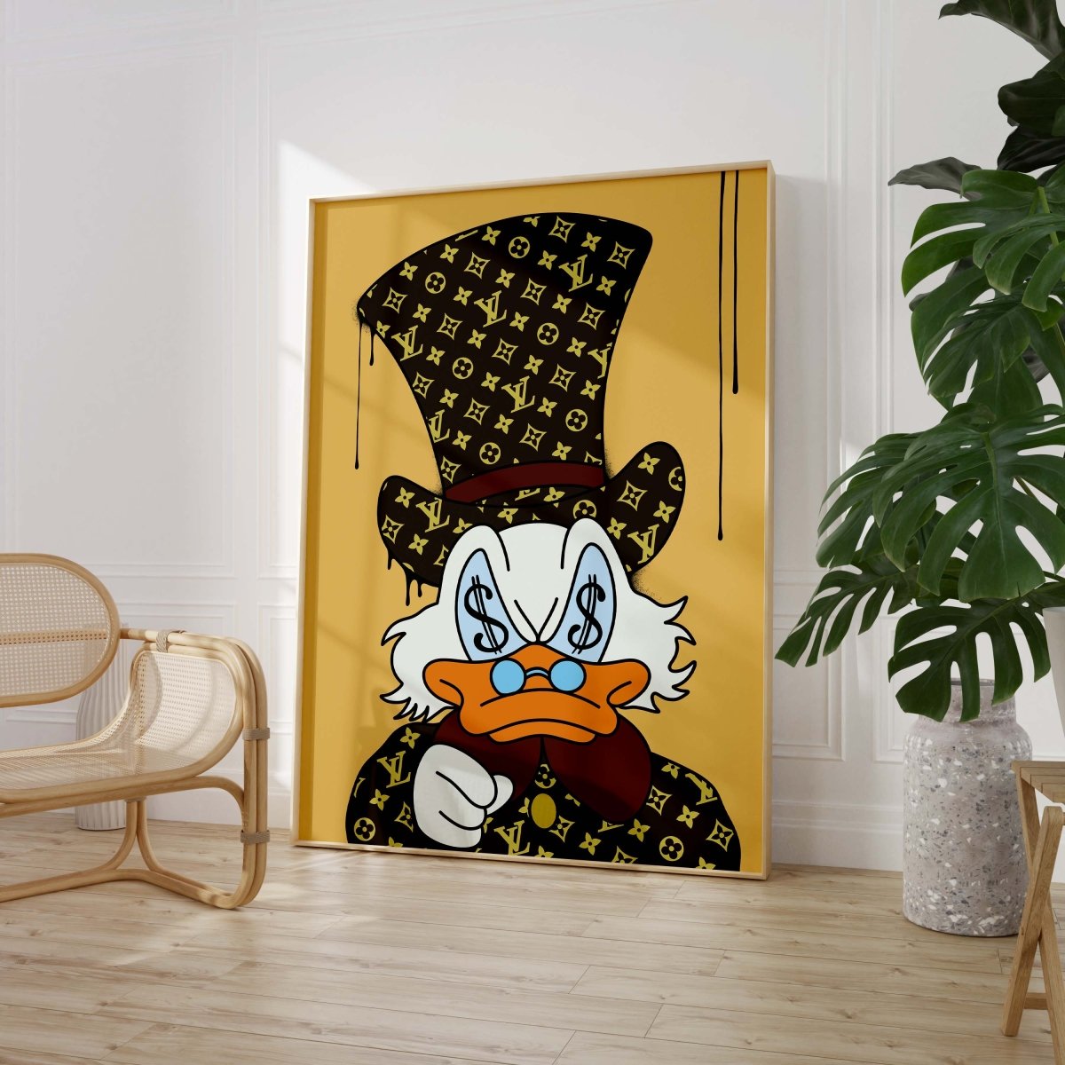 Luxus Enten-Cartoon-Poster · Geldaugen-Design · Pop Art Illustration · Street Art Stil · Moderne Wandkunst · Kunstdruck ungerahmt