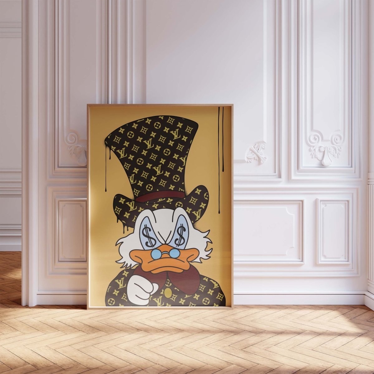 Luxus Enten-Cartoon-Poster · Geldaugen-Design · Pop Art Illustration · Street Art Stil · Moderne Wandkunst · Kunstdruck ungerahmt