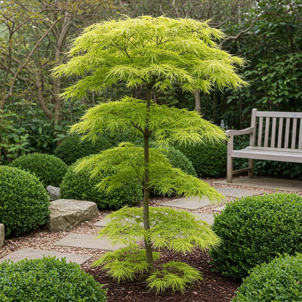 Japanischer Ahorn – Acer palmatum 'Koto – no – ito' – 2 Pflanzen – ca. 70cm hoch – Ø19cm – feingliedriges grünes Laub – Balkon – & Gartenpflanze