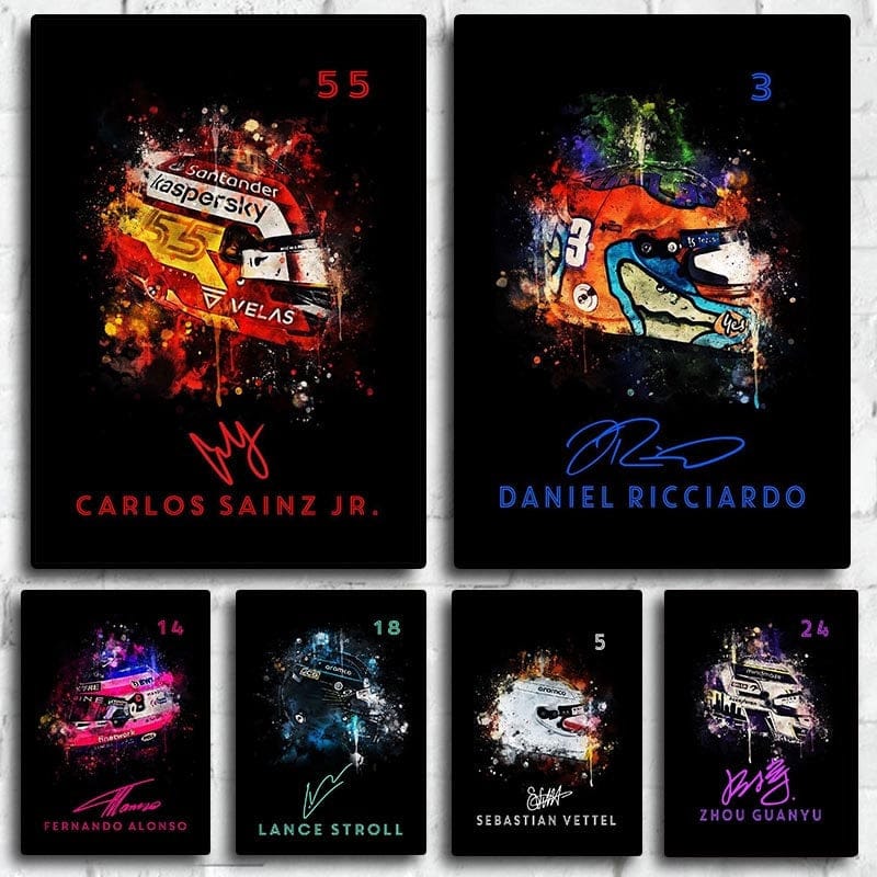 Poster Formel 1 Helm Aquarell Rennfahrer Name Unterschrift Rennnummer · Deko-Print ohne Rahmen