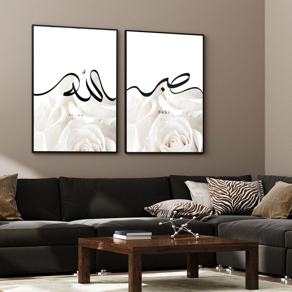 Poster weiße Rosen  Kalligraphie · Wandbilder Wohnzimmer & Schlafzimmer · Deko Print Bilder · ohne Rahmen