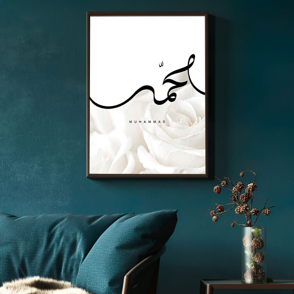 Poster weiße Rosen  Kalligraphie · Wandbilder Wohnzimmer & Schlafzimmer · Deko Print Bilder · ohne Rahmen